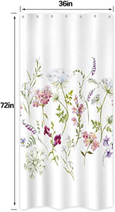 Riyidecor Herbs Floral Plants Shower Curtain 36" W x 72" H Small Stall Watercolor Wildflowers Delicate Flower Pink Tansy Pansies Retro White Decor Fabric Bathroom Polyester Waterproof Plastic