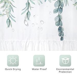 Riyidecor Green Leaves Ruffle Shower Curtain 72Wx72H Inch Eucalyptus Organic Natural Watercolor Cute Leaves Sage Branch Botanical Plants 12 Pack Metal Hooks Fabric Waterproof Home Bathtub Decor