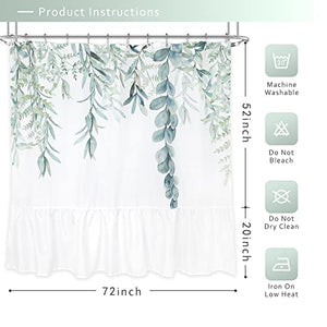 Riyidecor Green Leaves Ruffle Shower Curtain 72Wx72H Inch Eucalyptus Organic Natural Watercolor Cute Leaves Sage Branch Botanical Plants 12 Pack Metal Hooks Fabric Waterproof Home Bathtub Decor