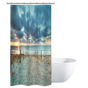 Riyidecor Ocean Beach Shower Curtain 39Wx72H Sunset Scenic Blue Sky Seaside Landscape Sand Decor Fabric Bathroom 7 Pack Plastic Shower Hooks