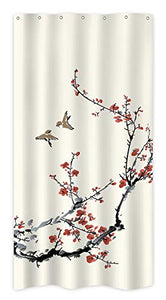 Riyidecor Stall Blossom Cherry Buds Shower Curtain 36Wx72H Inch Spring Flower Branches Asian Style Japanese Chinese Floral Painting Birds Decor Fabric Polyester Waterproof Fabric 7 Pack Plastic Hooks
