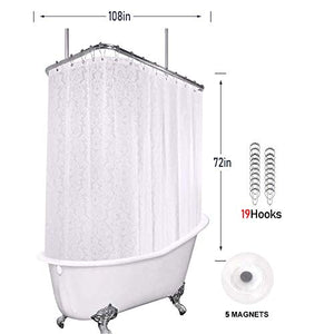 Riyidecor 108Wx72L White Floral Damask Shower Curtain Panel 19 Pack Metal Hooks with 5 Magnets Clawfoot Tub Decor Fabric Bathroom Set Polyester Waterproof