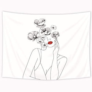 Riyidecor Woman and Flowers Tapestry 80Wx60H Inches Simple Aesthetic Black White Red Lips Abstract Art Line Sketch Blossom Design Art Printed Home Decor Wall Hanging for Living Room Bedroom Dorm