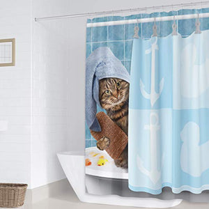 Riyidecor Funny Cat Shower Curtain Kids 12 Pack Metal Fabric Hooks Kitten Yellow Rubber Duck Head Wrapped Bath Towel Blue Decor Fabric Polyester 72" W x 72" H