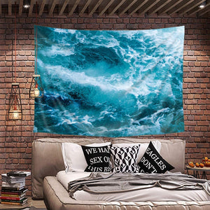 Riyidecor Ocean Tapestry 80Wx60H Inch Cute Calm Wave Sea Cool Water Nature Simple Aesthetic Blue White Art Wall Hanging Bedding Wall Art Decor Bathroom Fabric Home Dorm Living Room