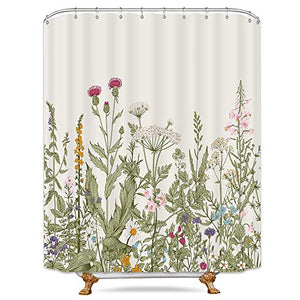 Riyidecor Extra Long Wild Flower Shower Curtain for Bathroom Decor 72Wx96H Inch Vintage Botanical Colorful Border Accessories Herbs Bathroom Set Windows Fabric Polyester Waterproof 12 Pack Hooks