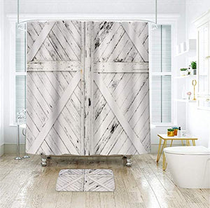 Riyidecor Rustic Barn Door Shower Curtain Painting Gray and White Wooden Vintage Farmhouse Decor Fabric Set Polyester Waterproof 72Wx72H Inch 12 Pack Metal Hooks