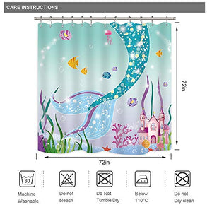 Riyidecor Mermaid Tail Shower Curtain Sea Fish Scales Bath Curtain Sea Sirens Fish Image Blue Pink Cartoon Castle Colorful Fair Tale Fabric Bathroom Decor Set with Hooks 72x72Inch