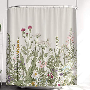 Riyidecor Thicken Heavy Duty Fabric Floral Shower Curtain for Bathroom Decor 72Wx72H Inch Flower Green Leaves Botanical Decorative Bath Set Plants Bathroom Accessories Waterproof 12 Pack Hooks