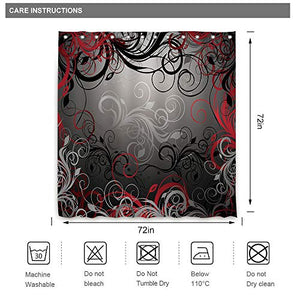 Riyidecor Red and Grey Black Shower Curtain Metal Hooks 12 Pack Leaf Swirl Floral Modern Forest Decor Fabric Set Polyester Waterproof Fabric Bathtub 72Wx72H Inch