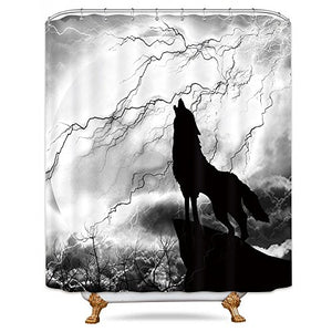 Riyidecor Wolf Silhouette Shower Curtain Black and White Howling Thunderstorm Moon Light Mystic Scary Scene Decor Fabric Bathroom Set Polyester Waterproof 72x72 Inch with Plastic Hooks 12 Pack