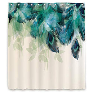 Riyidecor Extra Long Watercolor Peacock Feather Shower Curtain for Bathroom Decor 72Wx84H Inch Teal Green Leaf Bathtub Accessories for Women Girls Turquoise Floral Set Fabric Waterproof 12 Pack Hook