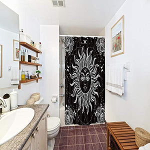 Riyidecor Mandala Celestial Shower Curtain 36Wx72H Inch Sun Moon Black and White Decor Medallion Floral Fabric Set Polyester Waterproof 12 Pack Plastic Hooks