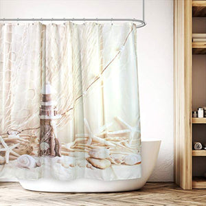 Riyidecor Seashell Lighthouse Starfish Shower Curtain Set Beige Nautical Bathroom Decor Fabric Set Fishing Net Marine Ocean Beach Polyester Waterproof 72x72 Inches 12 Pack Plastic Shower Hooks