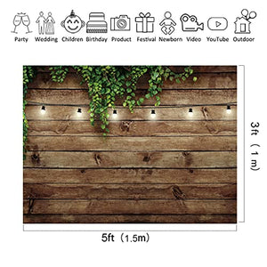 Riyidecor Vintage Wooden Board Backdrop Green Leaves on Brown Wood Plank Floor Plants Lights Rustic Retro Birthday Party Photographic Background 5Wx3H Feet Decor Props Photo Shoot Banner Fabric