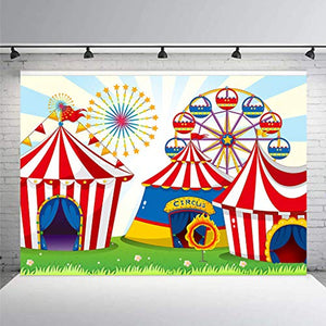 Riyidecor Circus Carnival Backdrop Fabric Polyester Ferris Wheel Red Tent 7Wx5H Feet Cartoon Kids Photography Background Decorations Newborn Birthday Party Photo Studio Shoot Backdrop Blush