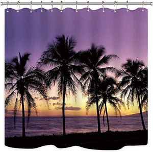 Riyidecor Sunset Beach Shower Curtain Tropical Palm Tree Landscape Hawaii Ocean Coastal Seaside Medallion Decor Fabric Polyester Waterproof 72x72 Inch 12 Pack Plastic Hooks