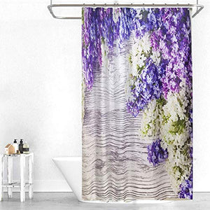 Riyidecor Lavender Flower Shower Curtain Rustic Wooden Floor Purple Lilac Floral Girls Woman Spring Romantic Decor Fabric Bathroom 72x72 Inch 12 Pack Plastic Shower Hooks Included