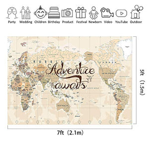 Corovy Adventure Awaits Backdrop World map Photography Background Vintage Yellow and Brown 7Wx5H Feet Decoration Celebration Props Party Photo Shoot Backdrop Vinyl Cloth