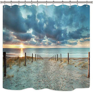 Riyidecor Ocean Beach Shower Curtain 72Wx72H Sunset Scenic Blue Sky Seaside Landscape Sand Decor Fabric Bathroom 12 Pack Plastic Shower Hooks