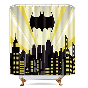 Riyidecor Super Heros Cityscape Shower Curtain Bat Panel Night Buildings Scene City Cartoon Skyline Movie Kid Home Bathroom Decor Fabric Polyester Waterproof 72x72 Inch Include 12 Pack Plastic Hooks