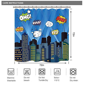 Riyidecor Superhero Shower Curtain Comic Kids Boys Avengers Marvel Cartoon 72x72 Inch Retro Fun Panel Buildings Cityscape City Cartoon Skyline Pop Creative Boom Bang Decor Fabric Polyester Waterproof