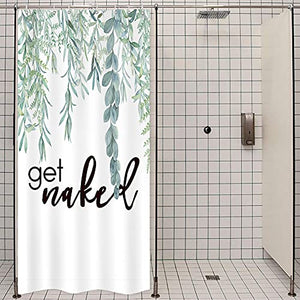 Riyidecor Green Leaves Get Naked Single Stall Shower Curtain 36Wx72H Inch Sage Bathroom Decor Watercolor Narrow Spring Botanical Plants Quotes Fabric Waterproof Home Bathtub Decor 7 Pack Plastic Hook