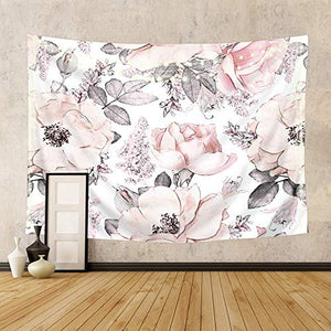 Riyidecor Watercolor Floral Rose Tapestry Elegant Pink Bloom Flowers and Leaves Spring Plant Botanical White Rustic Home Decor Wall Hanging for Living Room Bedroom Dorm 60x80 Inches