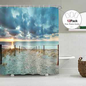 Riyidecor Extra Long Ocean Beach Shower Curtain 72W x 84H Sunset Scenic Blue Sky Seaside Landscape Sand Decor Fabric Bathroom Clawfoot Tub 12 Pack Plastic Shower Hooks