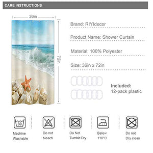 Riyidecor Stall Beach Starfish Shower Curtain 36Wx72H Inch Ocean Seashell Coastal Conch Sea Wave Rocks Island Summer Half Scenery Decor Fabric Polyester Waterproof Fabric 7 Pack Plastic Hooks WW-IHTB