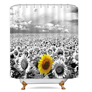 Riyidecor Sunflowers Shower Curtain 72x72 Inch Black White a Single Sunflower Rustic Flower Spring Landscape Decor Fabric Polyester Waterproof Metal Hooks 12 Pack