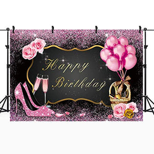 Riyidecor Glitter Happy Birthday Backdrop Pink High Heels Rose Gold 16th 20th 30th 50th Women Girls Princess Photography Background 8Wx6H Feet Decor Props Photo Shoot Banner Vinyl Cloth