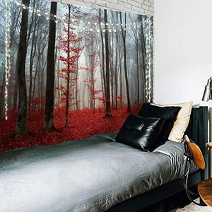 Riyidecor Red Forest Tapestry 80Wx60H Inch Gothic Mysterious Rainy Foggy Nature Scene Burgundy Black Tree Leaf Modern Autumn Wall Hanging Bedroom Living Room