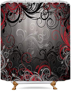 Riyidecor Red and Grey Black Shower Curtain Metal Hooks 12 Pack Leaf Swirl Floral Modern Forest Decor Fabric Set Polyester Waterproof Fabric Bathtub 72Wx72H Inch