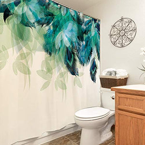 Riyidecor Clawfoot Tub Watercolor Peacock Feather Shower Curtain 180Wx70H Inch Wrap All Around Extra Wide Teal Turquoise Green Leaf Bathroom Decor Fabric Woman Waterproof 32 Pack Metal Hooks
