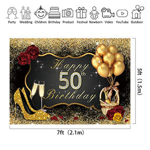 Corovy 50th Birthday Backdrop Black Gold Woman Balloons Champagne Photo Photography Background 7X5 Feet Shining Sequin Rose Gold Party Decorations Celebration Props Photo Shoot Vinyl Cloth