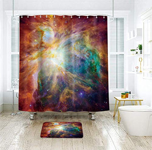 Riyidecor Outer Space Shower Curtain Galaxy Universe Yellow Orange Colorful Psychedelic Planet Nebula Starry Sky Decor Bathroom Set Fabric Polyester Waterproof 72X72 Inch 12 Pack Plastic Hooks