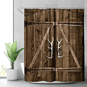 Riyidecor Wooden Garage Barn Door Shower Curtain with Vintage Rustic Country Gate Decor Fabric Bathroom Set Polyester Waterproof 60x72 Inch Plastic Hooks 12 Pack