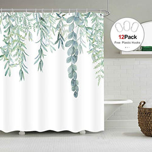 Riyidecor Green Leaf Shower Curtain 72Wx84H Inch Plant Eucalyptus Organic Green Bathroom Accessories Fabric Waterproof Home Bathtub Decor 12 Pack Plastic Hook