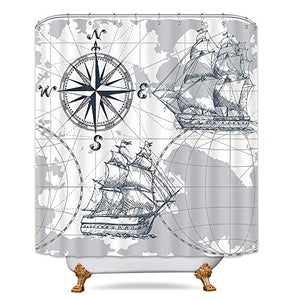 Riyidecor Extra Long Nautical Sailboat Map Shower Curtain 72Wx84H Inch Boat Sketch Ship Wheel Compass Anchor Decor Fabric olyester Waterproof Fabric 12 Pack Plastic Hooks