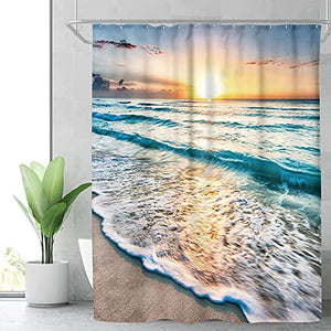 Riyidecor Ocean Coastal Hawaiian Sunrise Shower Curtain 72x84 Inch Sea Wave Summer Beach Seaside Scene Island Blue Fabric Set Waterproof 12 Pack Hooks