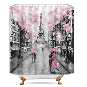 Riyidecor Paris Eiffel Tower Shower Curtain for Bathroom Decor 72Wx72H Inch Vintage French European City Landscape Modern Oil Painting for Women Girl Lover Couple Pink Fabric Waterproof 12 Pack Hooks