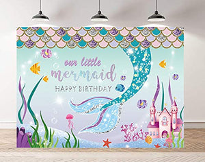 Riyidecor Little Mermaid Backdrop Happy Birthday Party Cartoon Undersea Water Plants 7x5 Feet Colorful Girls Shiny Cute Kids Baby Studio Photography Celebration Props Photo Shoot Vinyl Cloth