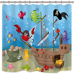 Riyidecor Pirate Ship Shower Curtain Boys Underwater Ocean Fish Kids Sea Marine Animal Decor Fabric Bathroom 72x72 Inch 12 Pack Plastic Shower Hooks