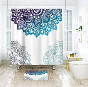 Riyidecor Henna Mandala Shower Curtain Boho Paisley India Bohemia Ombre Blue Flower Bathroom Decor Fabric for Bathtub 72Wx72H Inch 12 Pack Plastic Shower Hooks Included