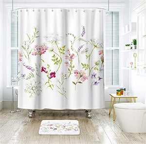 Riyidecor Herbs Floral Plants Shower Curtain 72" W x 78" H Watercolor Wildflowers Delicate Flower Pink Tansy Pansies Retro White Decor Fabric Bathroom Polyester Waterproof Plastic Hooks 12 Pack