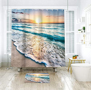 Riyidecor Ocean Coastal Hawaiian Sunrise Shower Curtain 60 x 72 Inch Sea Wave Summer Beach Seaside Scene Island Blue Fabric Set Waterproof 12 Pack Hooks