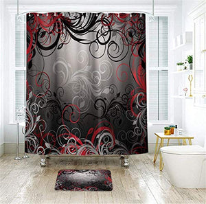 Riyidecor Red and Grey Black Shower Curtain Metal Hooks 12 Pack Leaf Swirl Floral Modern Forest Decor Fabric Set Polyester Waterproof Fabric Bathtub 72Wx72H Inch