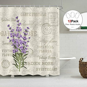 Riyidecor Fabric Flowers Shower Curtain Set for Bathroom 72Wx72H Inch Vintage Lavender Bath Curtain for Women Girls Purple Floral Bathtub Accessories Plant Waterproof 12 Pack Plastic Hooks