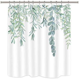 Riyidecor Green Leaves Shower Curtain 54Wx78H Inch Watercolor Spring Botanical Plant Branch Bouquet Fabric Waterproof Home Bathtub Decor 7 Pack Plastic Hook